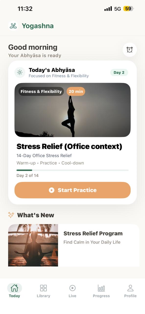 Yogashna mobile app screen showing today's Abhyāsa